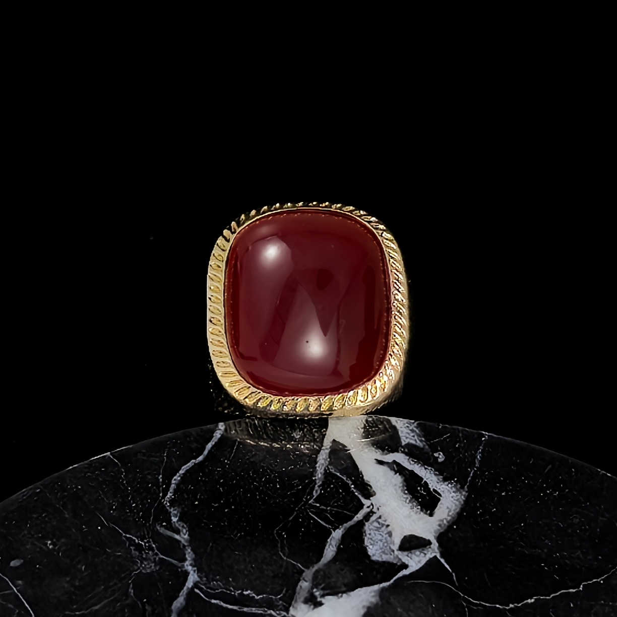 Women's Trendy Golden Ring with Artificial Red Gemstone, Elegant Design